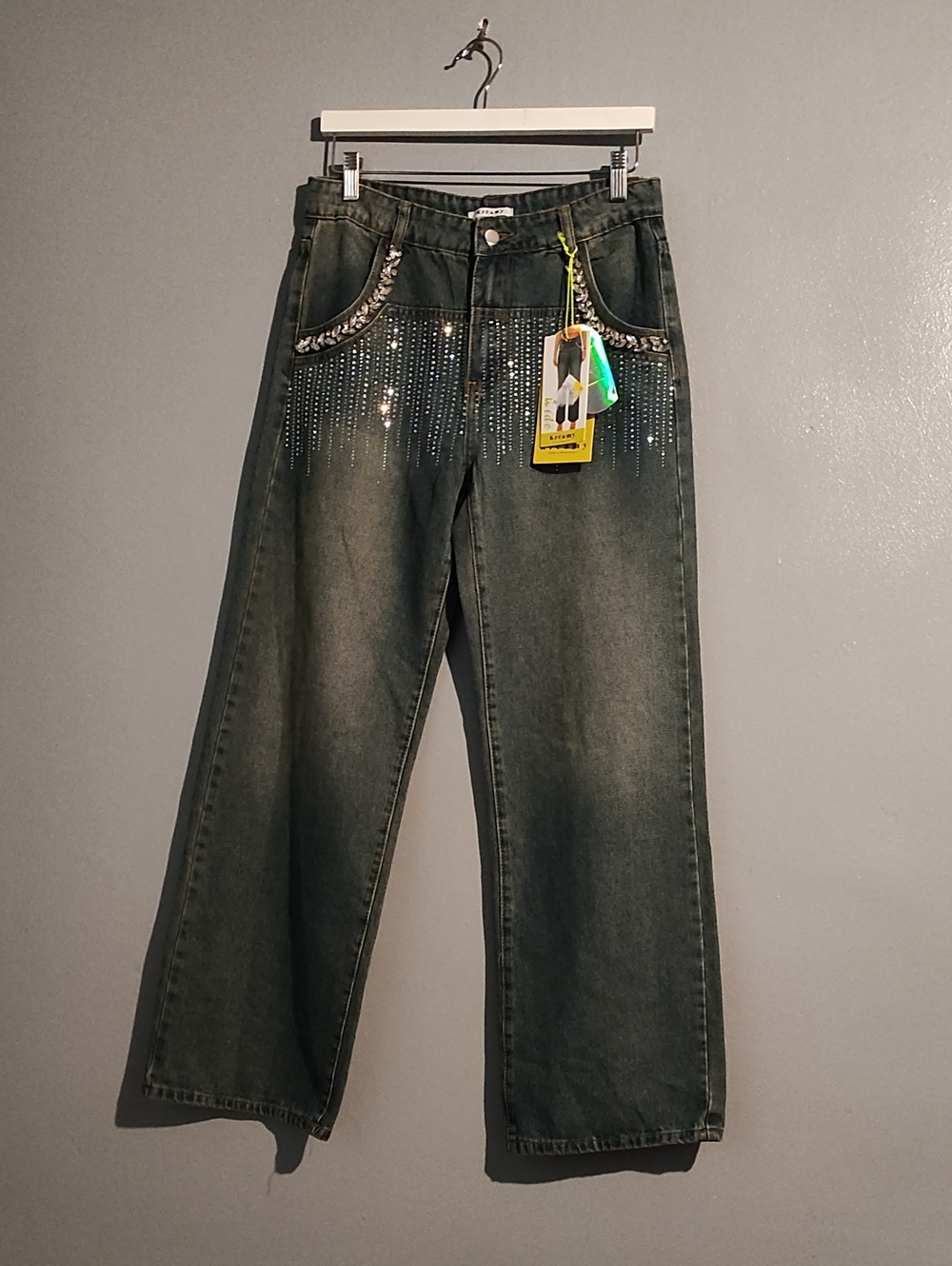 Kreamy Embellished Blue Denim Wide Leg Jeans